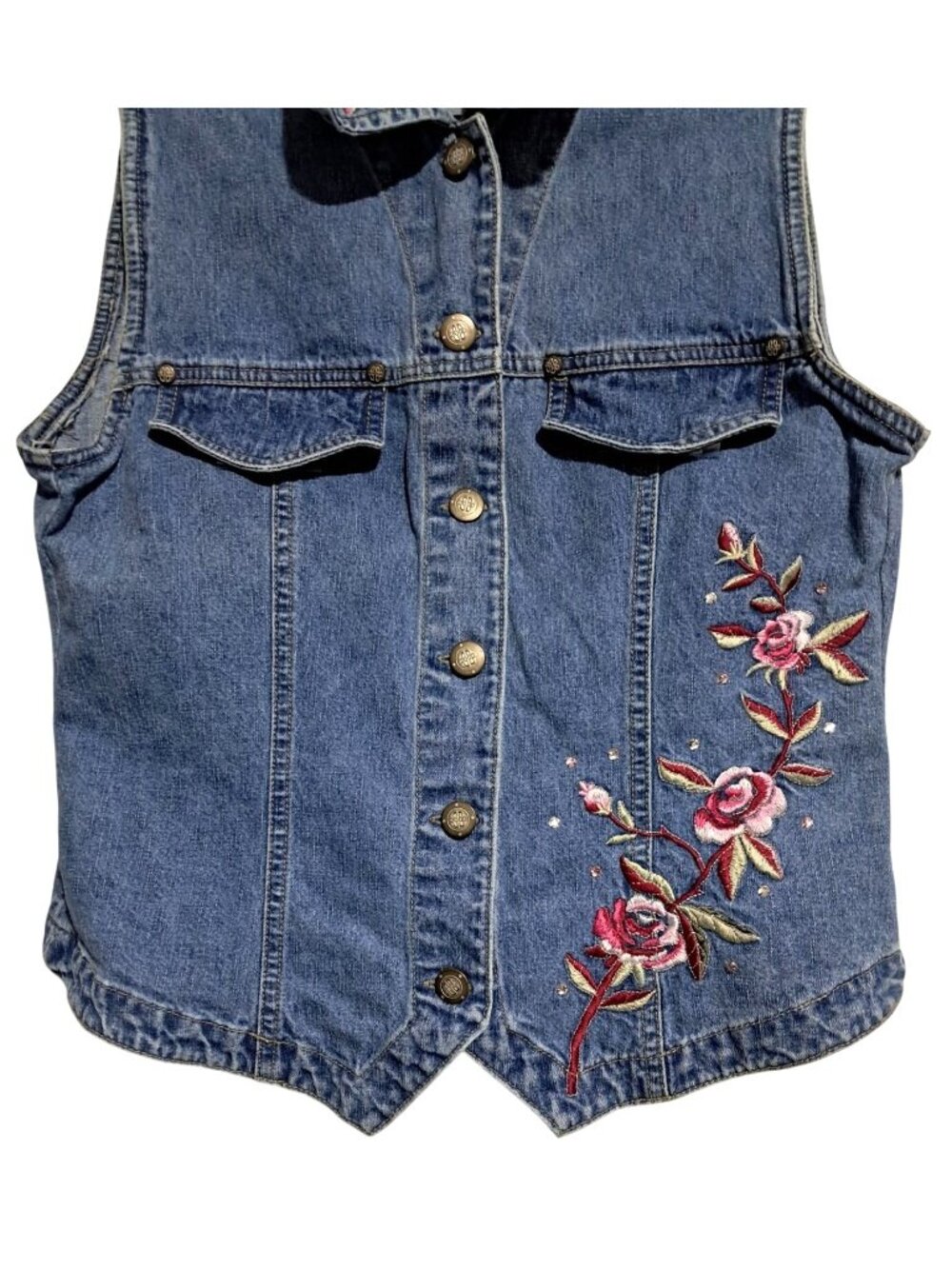 Vtg Bill Blass Denim Vest Womens M Medium Blue Boho Rose Embroidered Cotton Butt - Picture 5 of 13